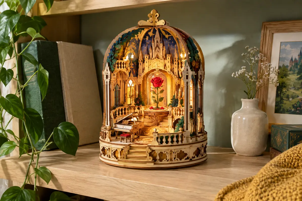 Lampe puzzle 3D en bois à plusieurs niveaux, éclairée, représentant une scène inspirée de La Belle et la Bête