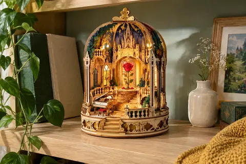 Lampe puzzle 3D en bois à plusieurs niveaux, éclairée, représentant une scène inspirée de La Belle et la Bête