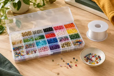 Boîte compartimentée de perles de rocaille multicolores de 3 mm avec cordon élastique.
