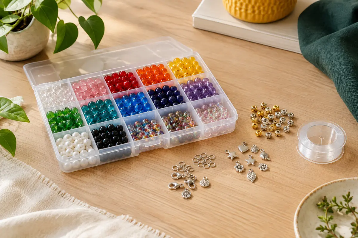Perles rondes en verre multicolores avec intercalaires métallisés, fil élastique et boîte compartimentée