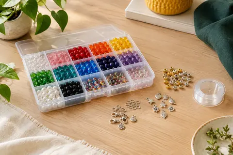 Perles rondes en verre multicolores avec intercalaires métallisés, fil élastique et boîte compartimentée