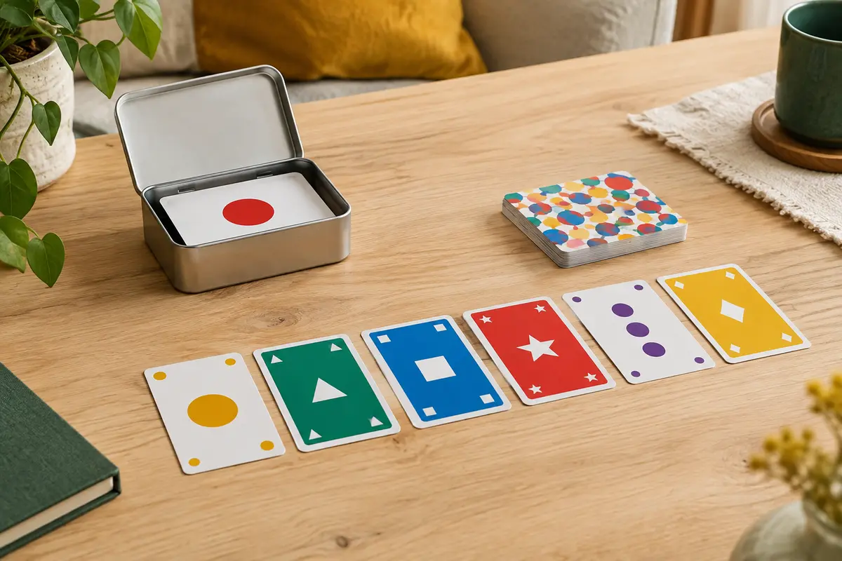Boîte métal Punto et cartes colorées disposées en alignement sur une table en bois clair