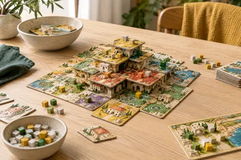 Tuiles multicolores d’Akropolis assemblées en cité grecque sur une table en bois clair
