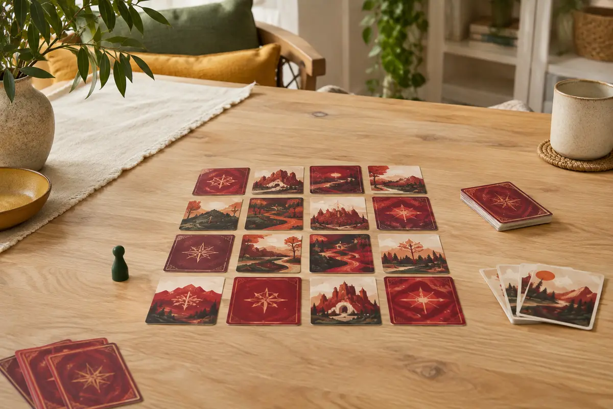 Grille de cartes rouge et grenat du jeu Dékal disposée sur une table en bois clair.