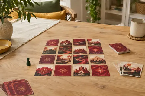 Grille de cartes rouge et grenat du jeu Dékal disposée sur une table en bois clair.