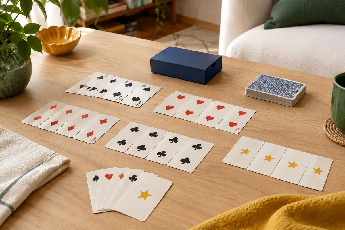 Cartes du jeu Les Cinq Rois disposées en combinaisons sur une table en bois clair