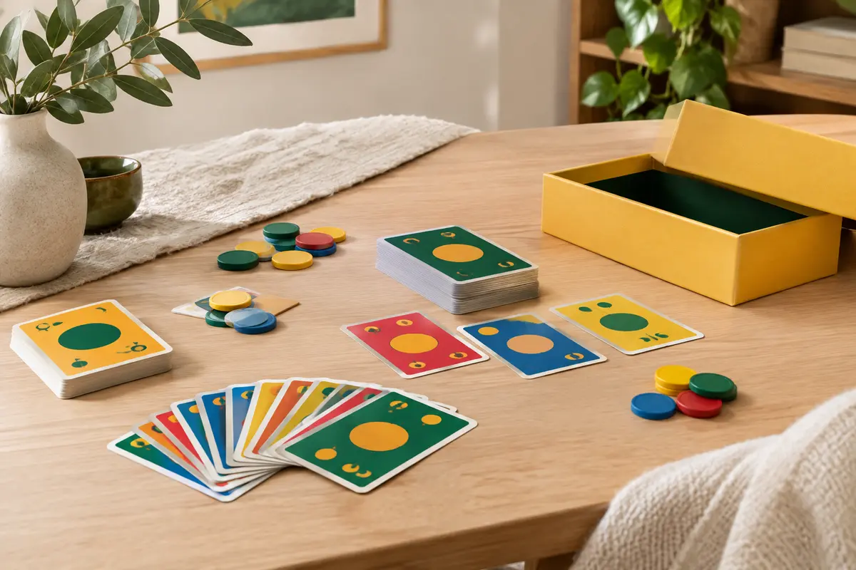 Cartes multicolores et jetons de Lobo 77 disposés sur une table en bois clair, près de sa boîte jaune.