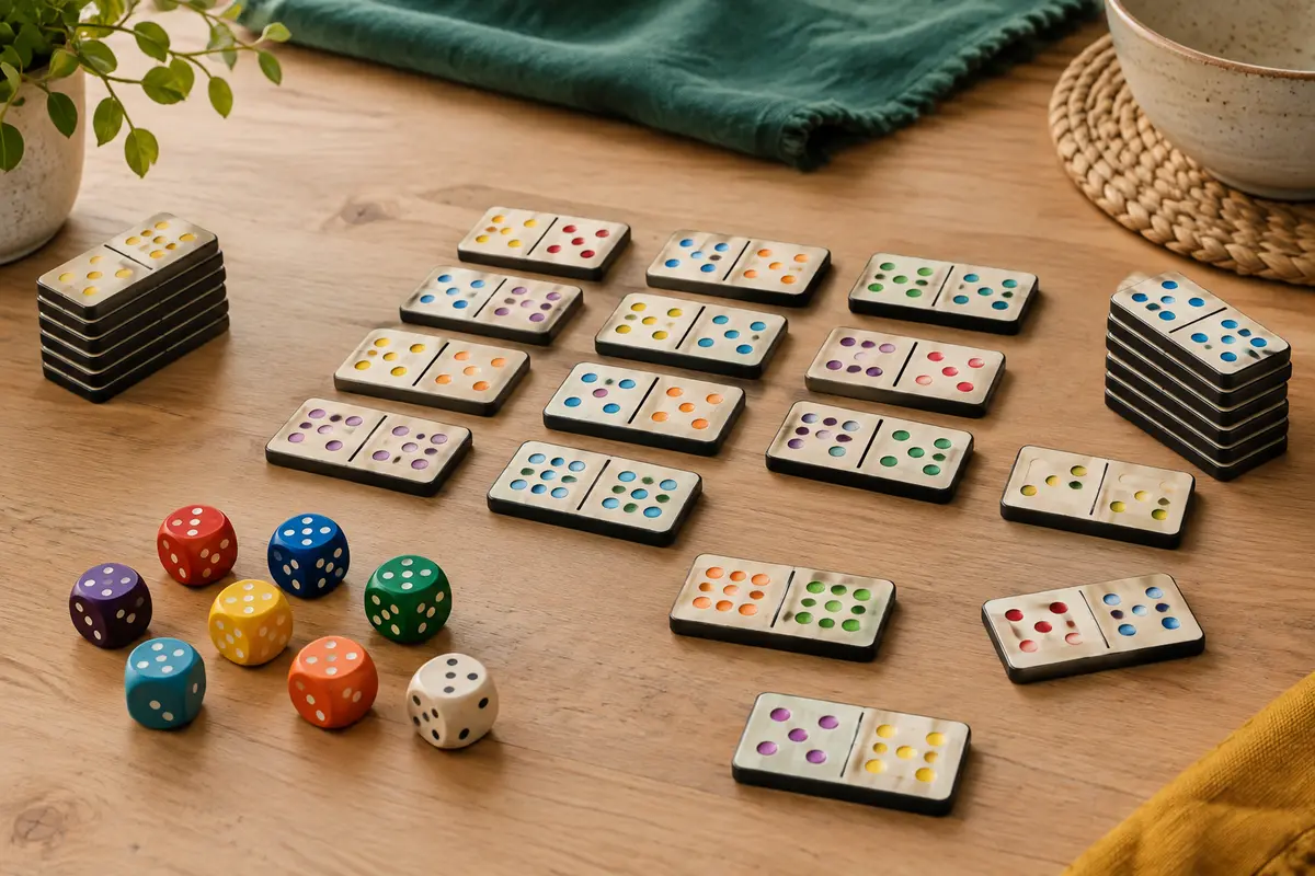 Dés en bois multicolores et dominos spéciaux de Pickomino disposés sur une table en bois clair