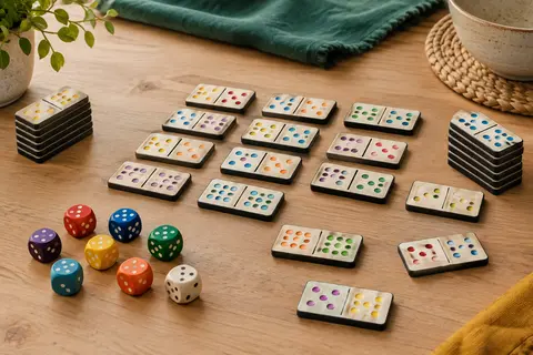 Dés en bois multicolores et dominos spéciaux de Pickomino disposés sur une table en bois clair