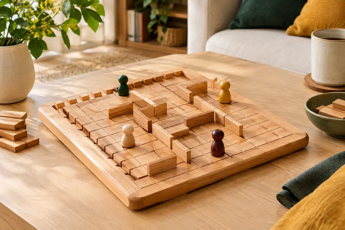 Plateau de Quoridor en bois avec pions et barrières formant des passages sur une table claire.