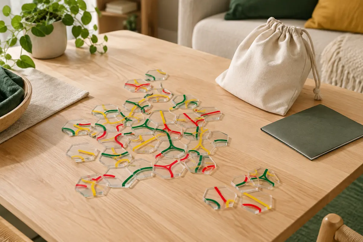 Tuiles hexagonales Tantrix vertes, rouges et jaunes disposées sur une table en bois clair avec leur sac de transport.