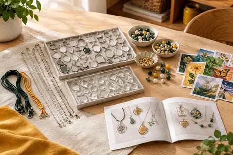 Kit de bijoux avec plateaux argentés, cabochons transparents, chaînes, cordons et feuilles de motifs colorés