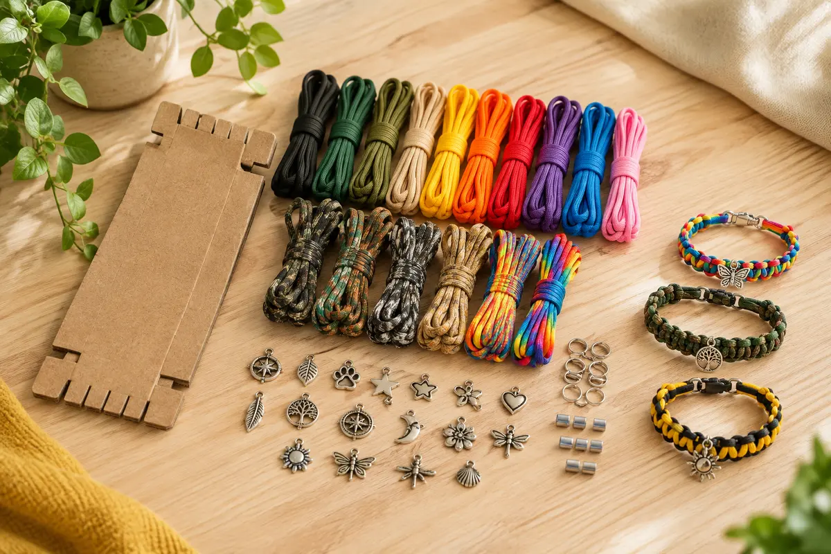 Kit de bracelets en paracorde avec cordons colorés, breloques argentées et gabarit posé sur une table