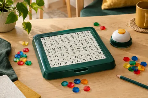 Socle de jeu, grille de lettres, buzzer et lentilles multicolores réunis sur une table en bois clair.