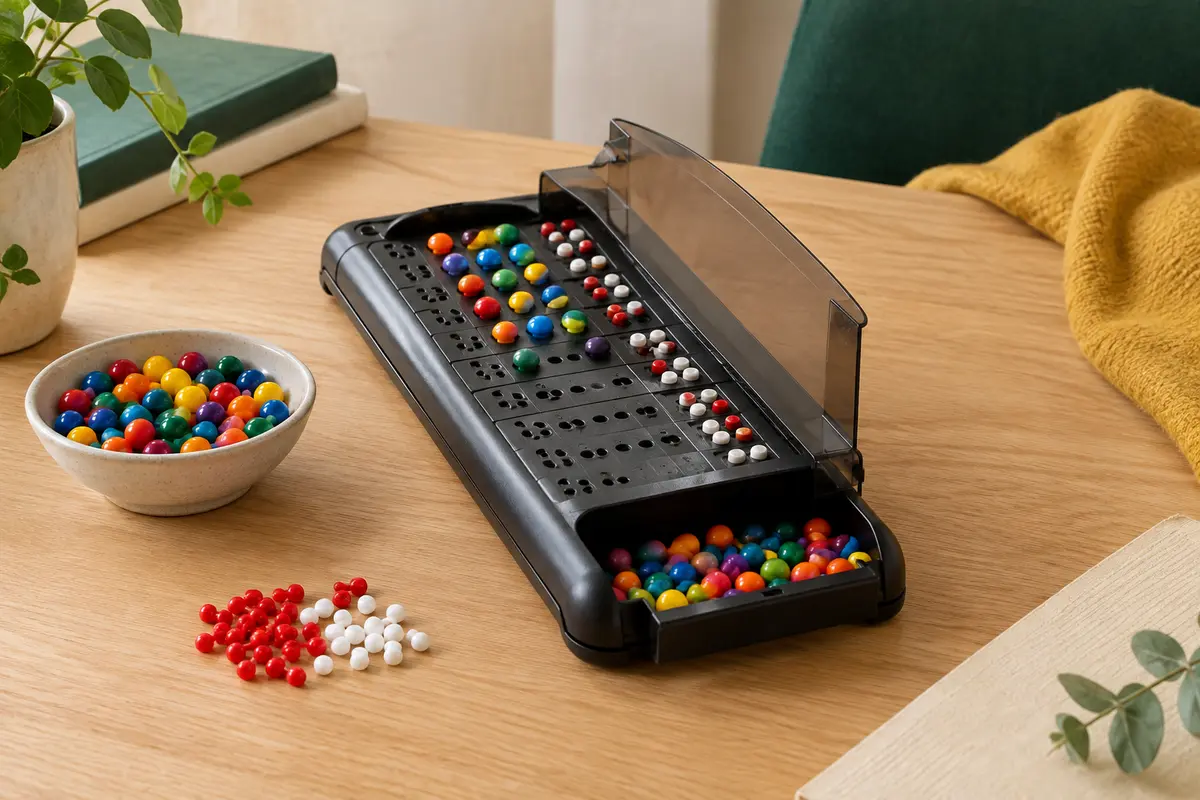 Plateau de jeu en plastique avec pions colorés et pions clé rouges et blancs sur une table claire.