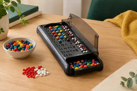 Plateau de jeu en plastique avec pions colorés et pions clé rouges et blancs sur une table claire.