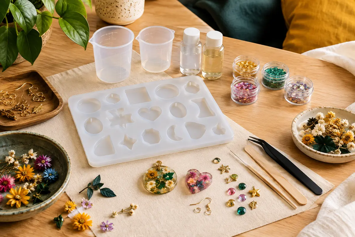 Kit de bijoux en résine avec moule en silicone, paillettes et accessoires colorés sur une table claire.