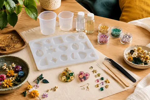 Kit de bijoux en résine avec moule en silicone, paillettes et accessoires colorés sur une table claire.