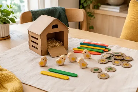 Jeu Goula Happy Chickens avec poulailler en carton, bâtonnets colorés et poussins en bois sur une table claire.