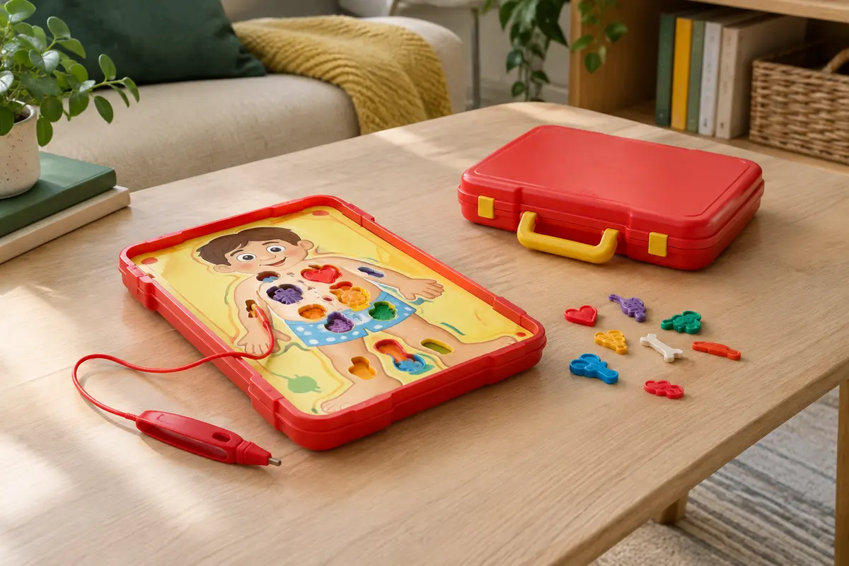 Jeu de plateau Docteur Maboul ouvert avec sa pince, ses pièces colorées et la mallette de rangement