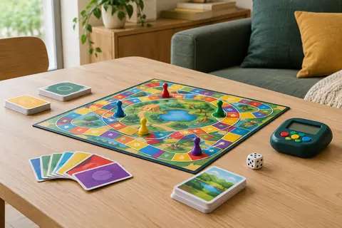 Plateau de jeu multicolore, banque électronique, cartes et pions disposés sur une table en bois clair.