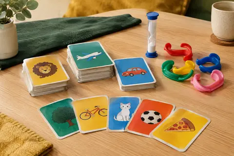 Cartes colorées, accessoires de bouche en plastique et sablier réunis sur une table en bois clair.