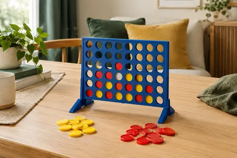 Grille de Puissance 4 en plastique avec pions rouges et jaunes, installée sur une table en bois clair.
