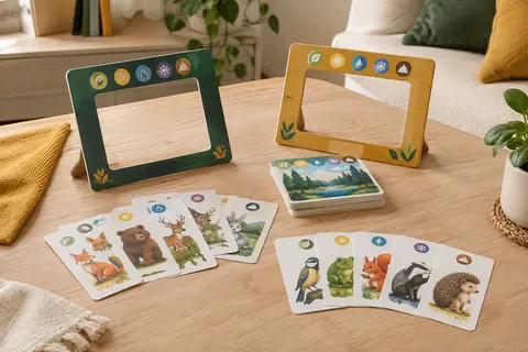 Deux cadres de jeu en carton et des feuilles de personnages recto verso disposés sur une table claire.