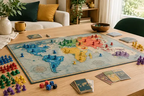Plateau de conquête multicolore avec figurines d’armées, cartes et dés sur une table en bois clair.