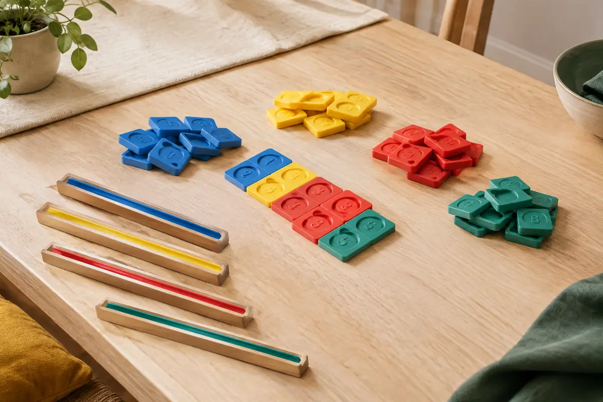 Plaques de chiffres multicolores et réglettes de Rummikub disposées sur une table en bois clair