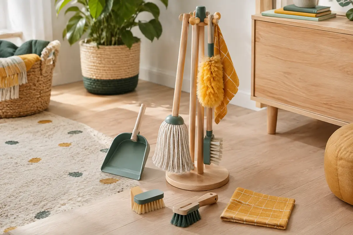 Kit de ménage jouet en bois avec balai, brosses, pelle, chiffon et support de rangement