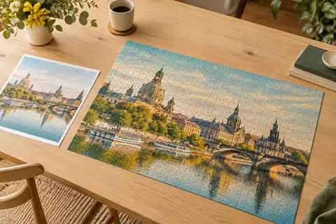 Puzzle HUADADA de 1 000 pièces assemblé sur une table en bois clair dans une pièce lumineuse.
