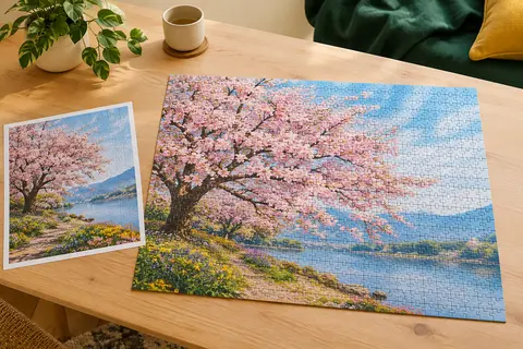 Puzzle de 1 000 pièces assemblé représentant un cerisier en fleurs, posé sur une table en bois clair.