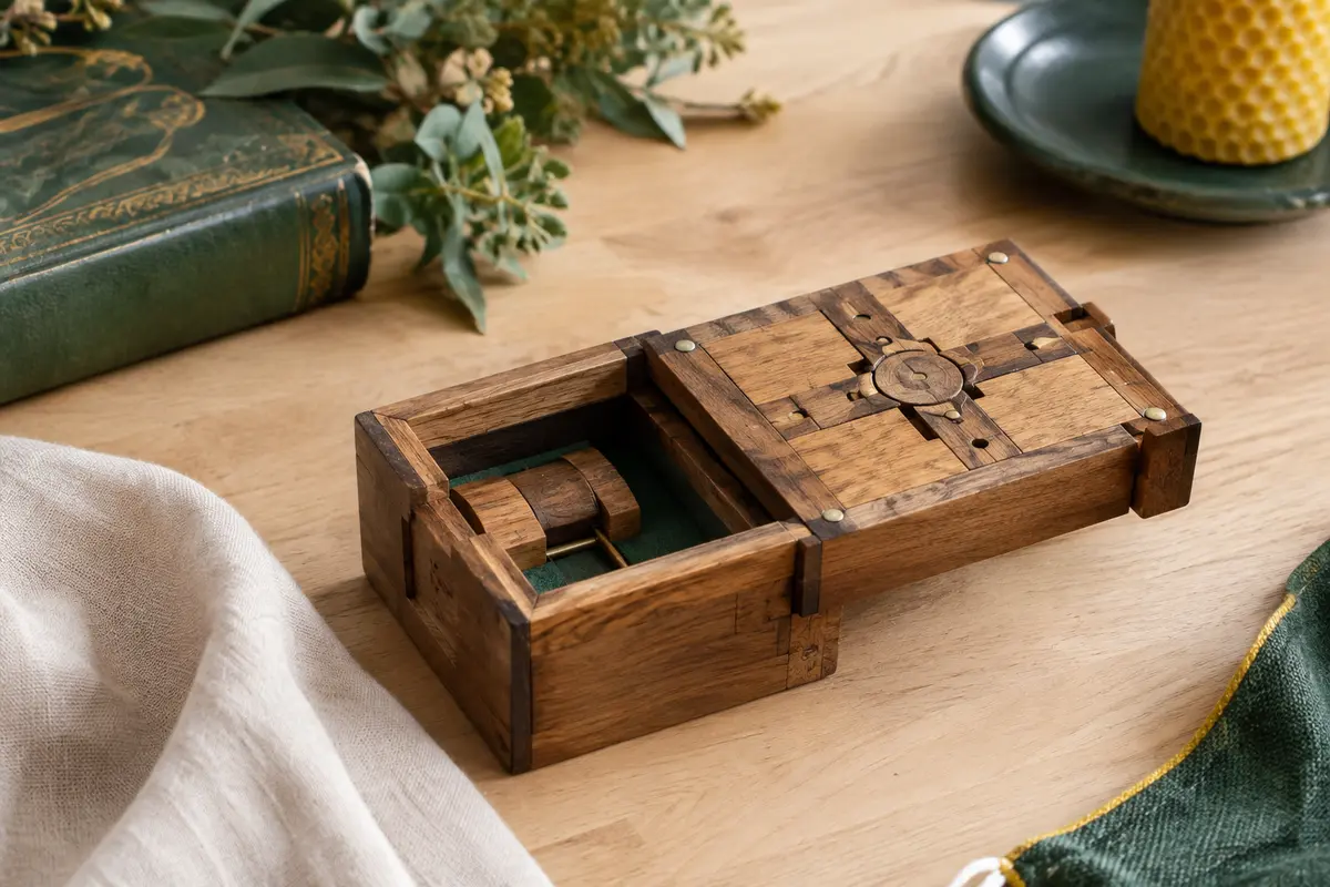 Boîte casse-tête en bois inspirée de Camelot, posée sur une table claire dans un intérieur chaleureux.
