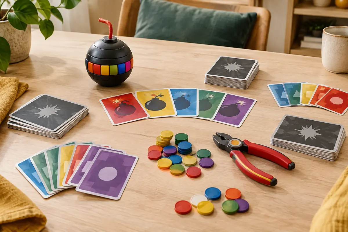 Cartes et jetons du jeu Timebomb disposés sur une table en bois clair dans une pièce lumineuse.