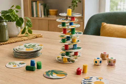 Tour de disques en carton et de pions en bois colorés du jeu d’adresse Janod Acrobat’