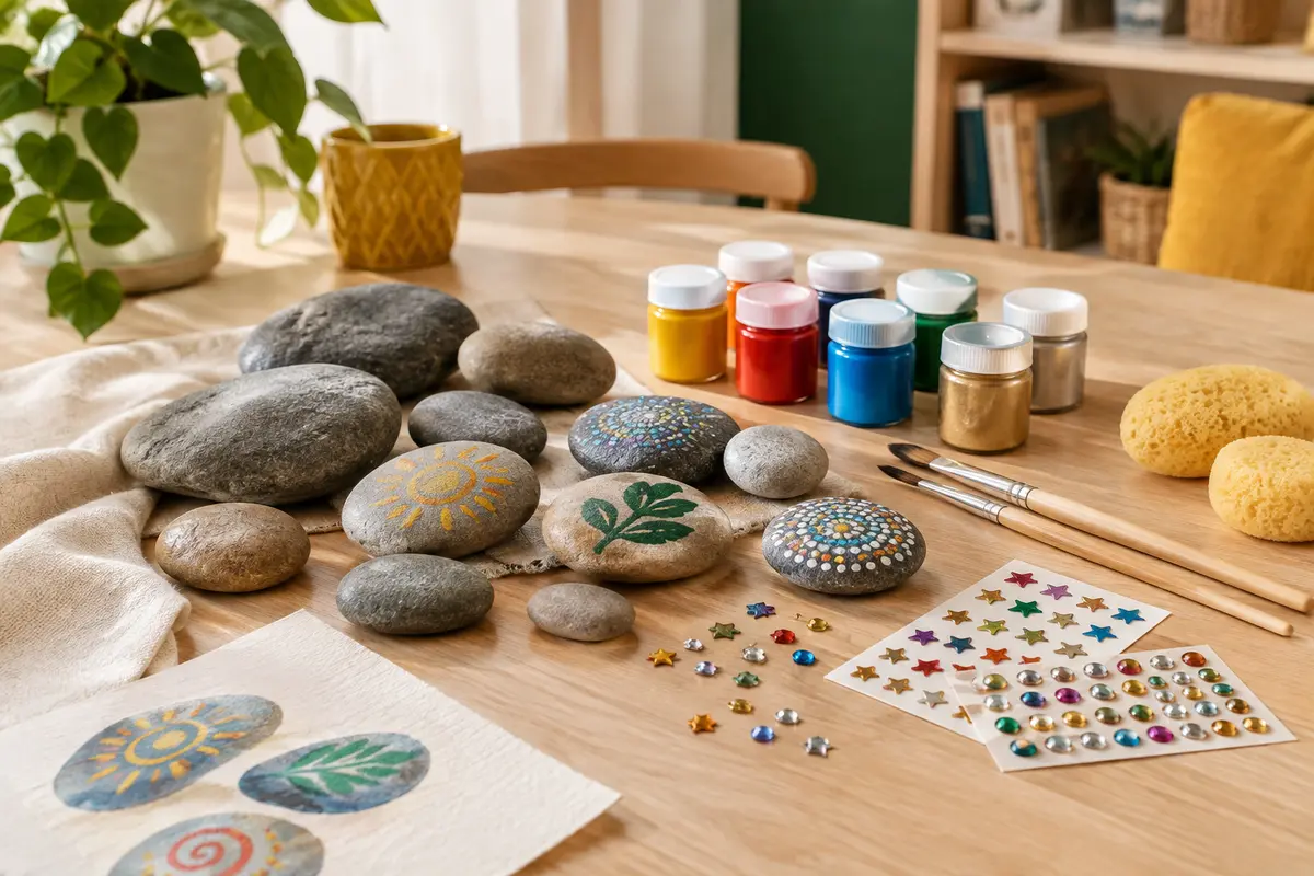 Kit de peinture rupestre avec pierres, peintures colorées, pinceaux, éponges et décorations sur une table en bois clair.