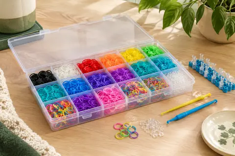 Kit de tissage Jsdoin avec des élastiques colorés et des outils rangés dans une boîte transparente