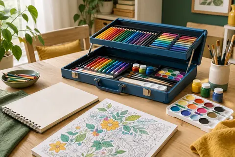 Mallette de dessin bleue ouverte avec crayons, pastels, peintures, pinceaux et cahiers