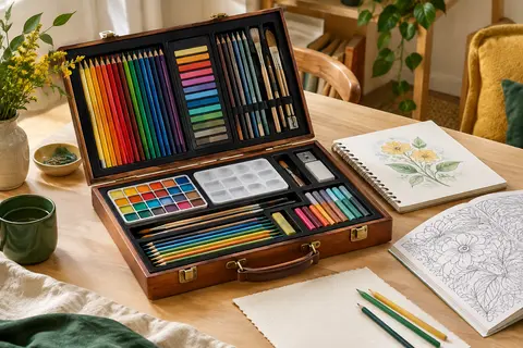Mallette de dessin brune ouverte avec crayons, pastels, accessoires créatifs et carnet sur une table claire.