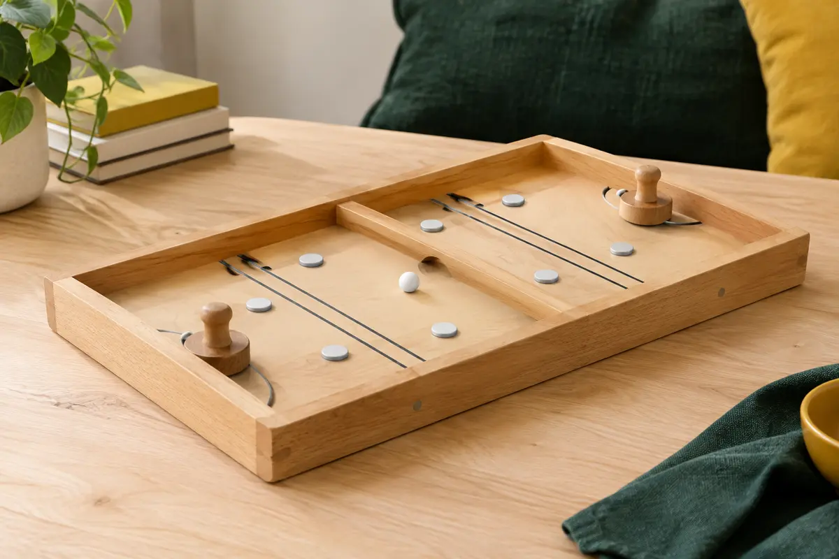 Jeu de table magnétique Klask en bois, avec poignées, balle et aimants blancs sur une table claire.