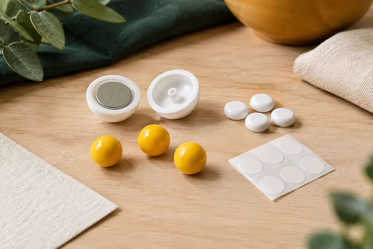 Kit de pièces Klask avec aimant de contrôle, aimants blancs, boules jaunes et autocollants PTFE sur une table