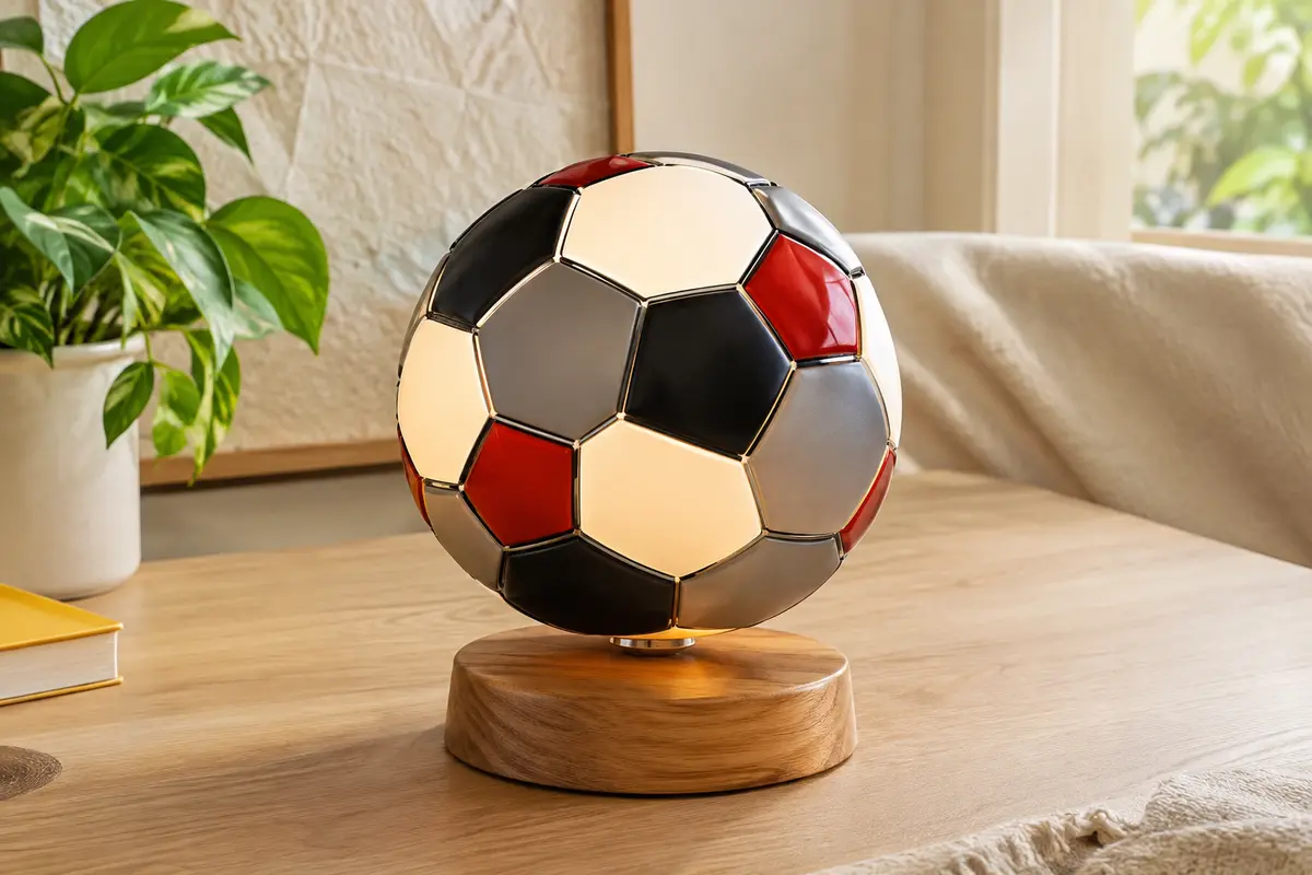Lampe en forme de ballon de football peinte en noir, blanc, gris et rouge sur un socle en bois