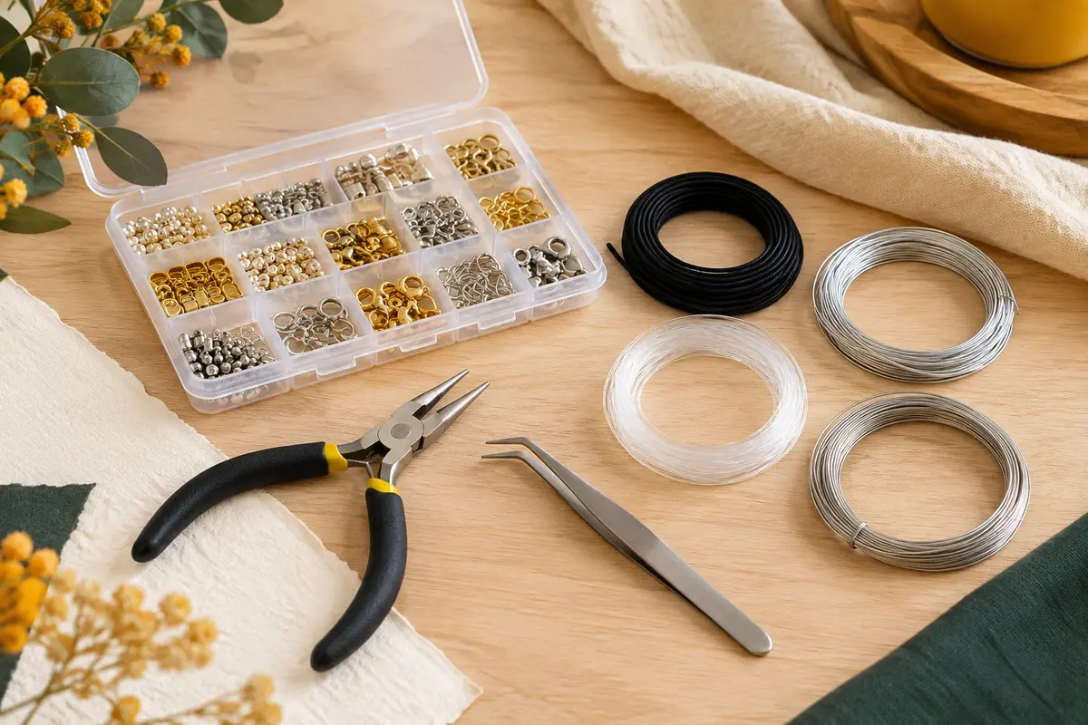 Kit de création de bijoux KUUQA avec fils variés, apprêts, pince, pincette et boîte de rangement