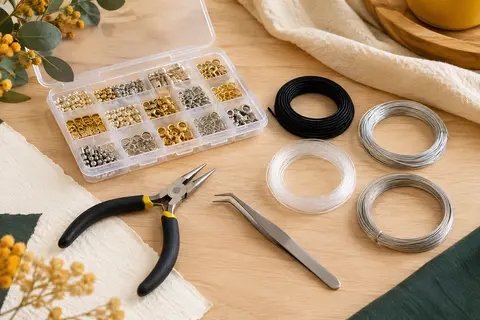 Kit de création de bijoux KUUQA avec fils variés, apprêts, pince, pincette et boîte de rangement