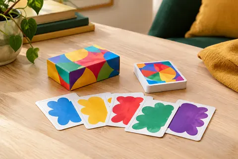 Jeu de cartes multicolores Color Addict posé sur une table en bois clair dans un intérieur accueillant.
