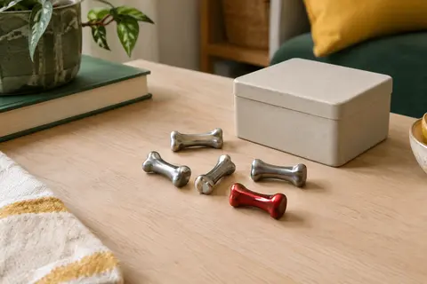 Cinq osselets en métal, quatre gris argenté et un rouge, disposés près de leur boîte sur une table en bois clair.