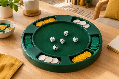 Piste de dés circulaire verte avec intérieur en feutrine, cinq dés et jetons sur une table en bois clair.