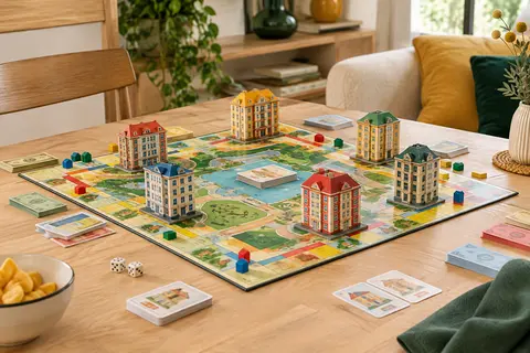 Plateau du jeu Hôtel de Lansay avec des hôtels en carton construits en trois dimensions.