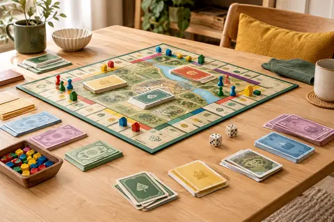 Jeu de plateau Lansay avec plateau, cartes, billets, pions et dés disposés sur une table en bois clair.
